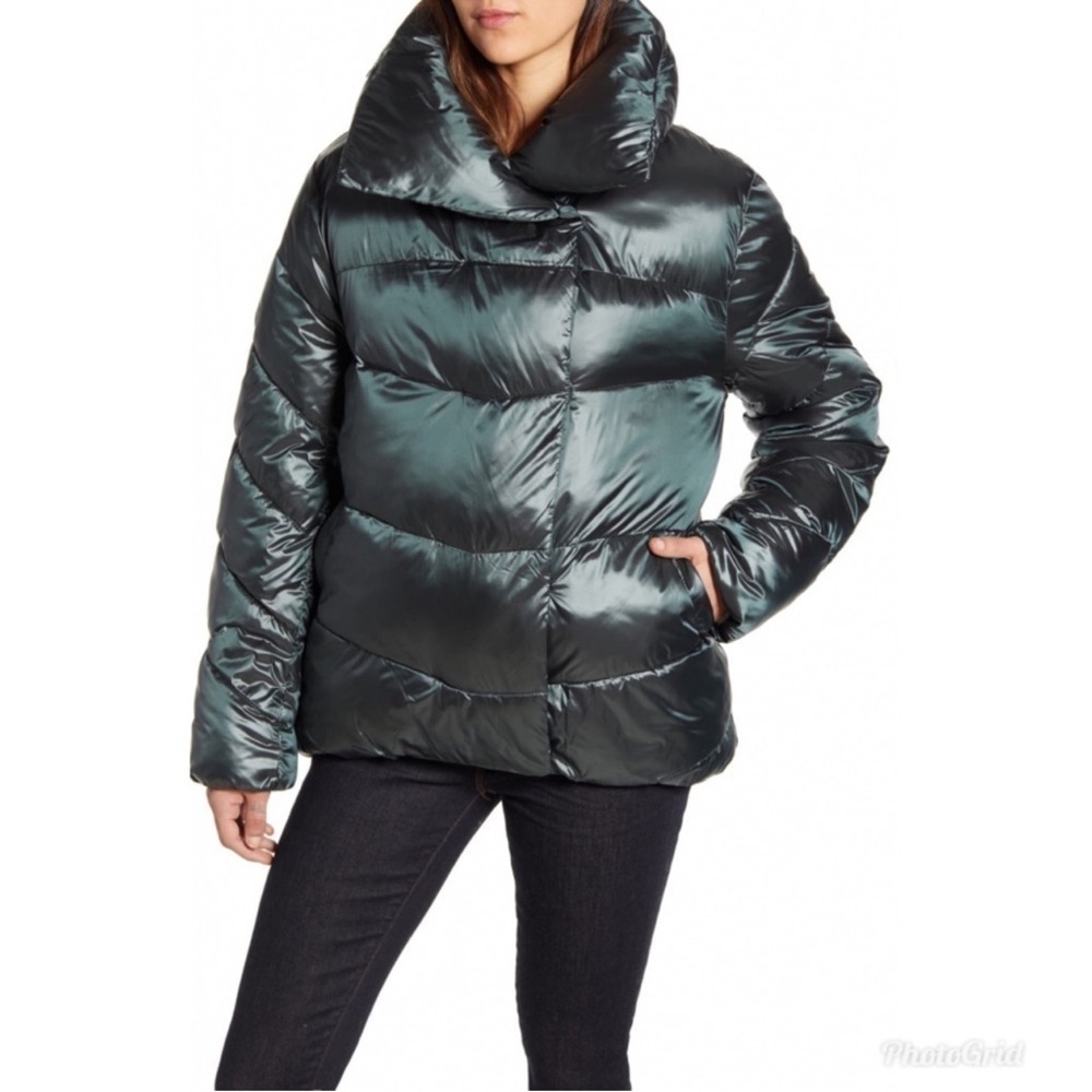 Rachel Parcell Puffer Jacket Quilted Green Botanical Medium